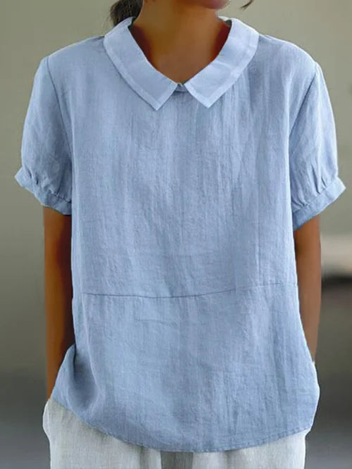 Chique Dames Linnen Blouse met Korte Mouwen en Peter Pan Kraag