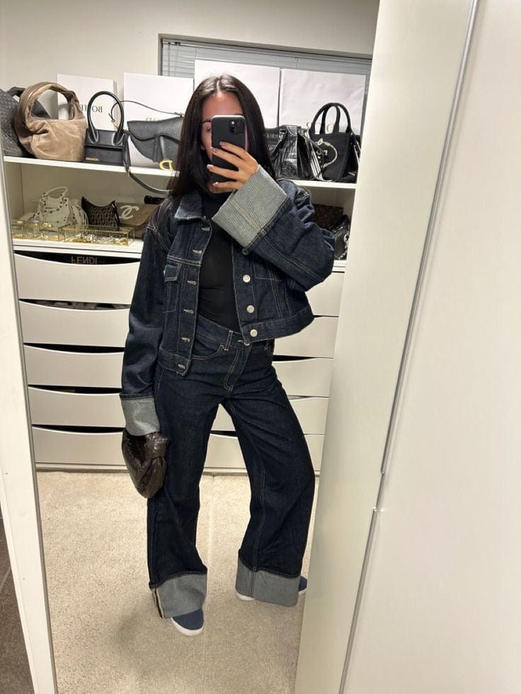 Denim Twee-Delen Ensemble met Lange Mouwen en Kraag