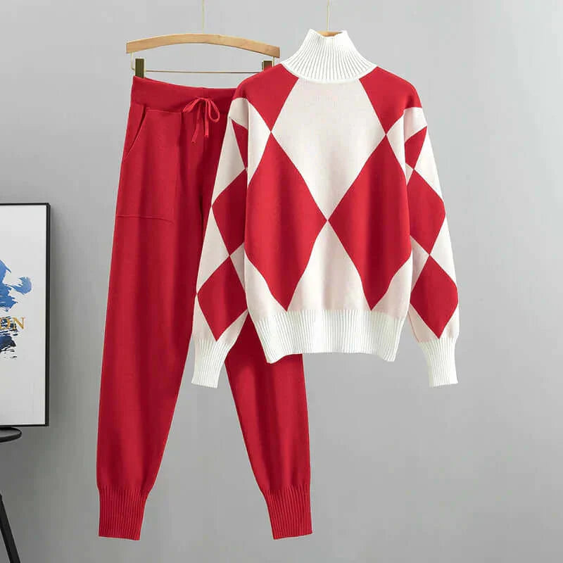 Dames Twee-Delige Knit Set – Relaxte Pasvorm – Coltrui met Argyle – Ribboord Broek