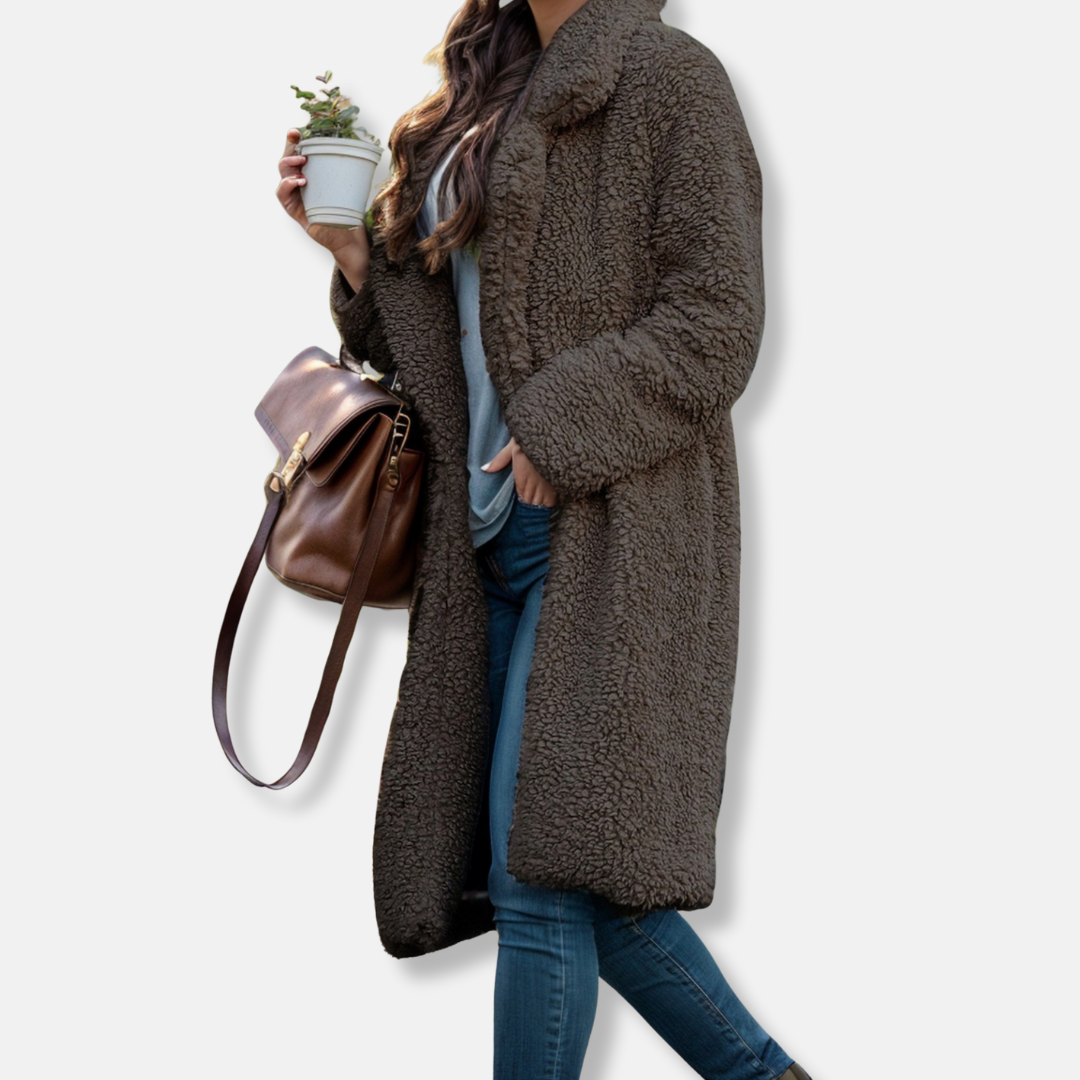 Women's overcoat – Relaxed fit – Soft texture – Open front – Mid length