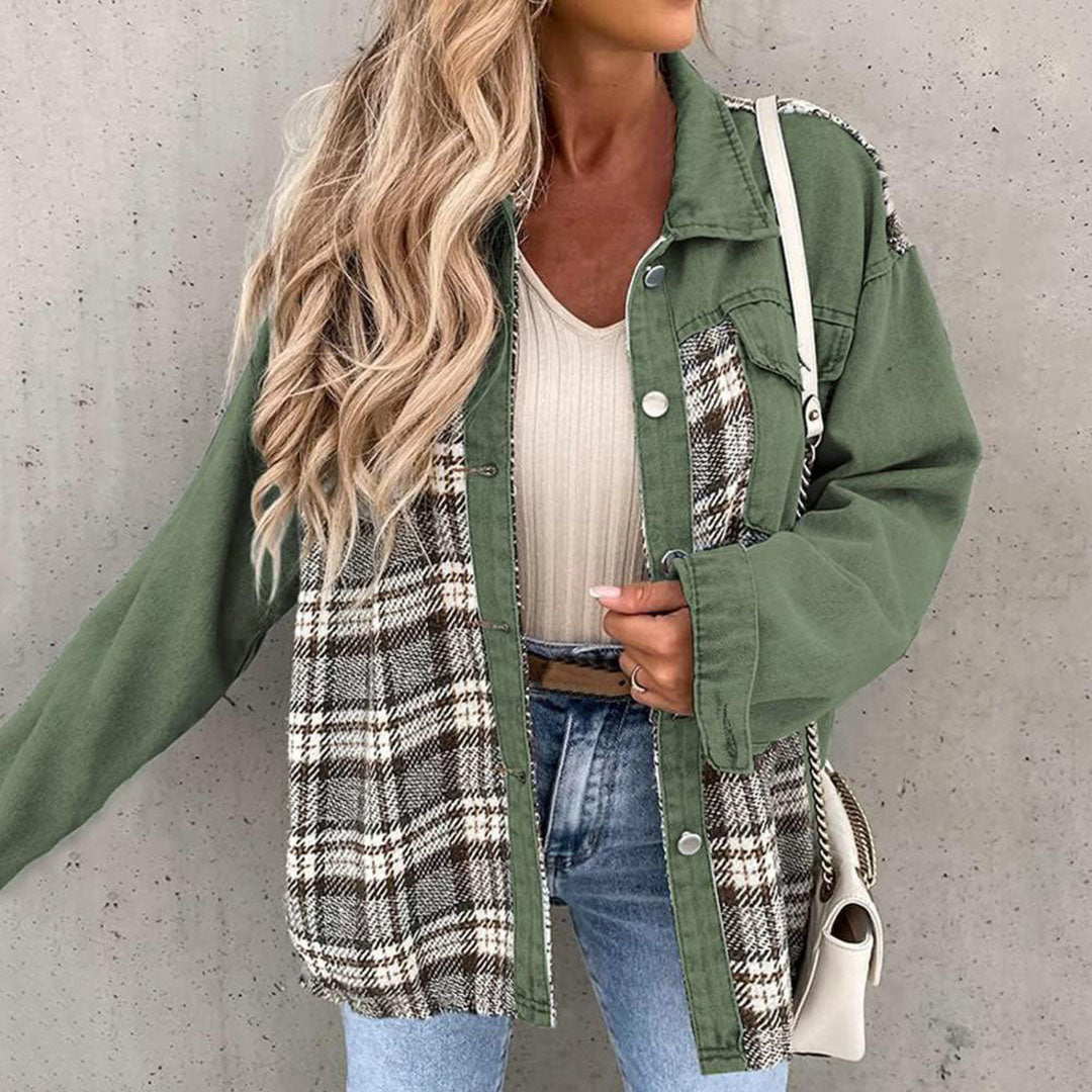 Dames Casual Jack – Relaxte pasvorm – Ademend Katoenmix – Geruit Patchwork – Knoopsluiting