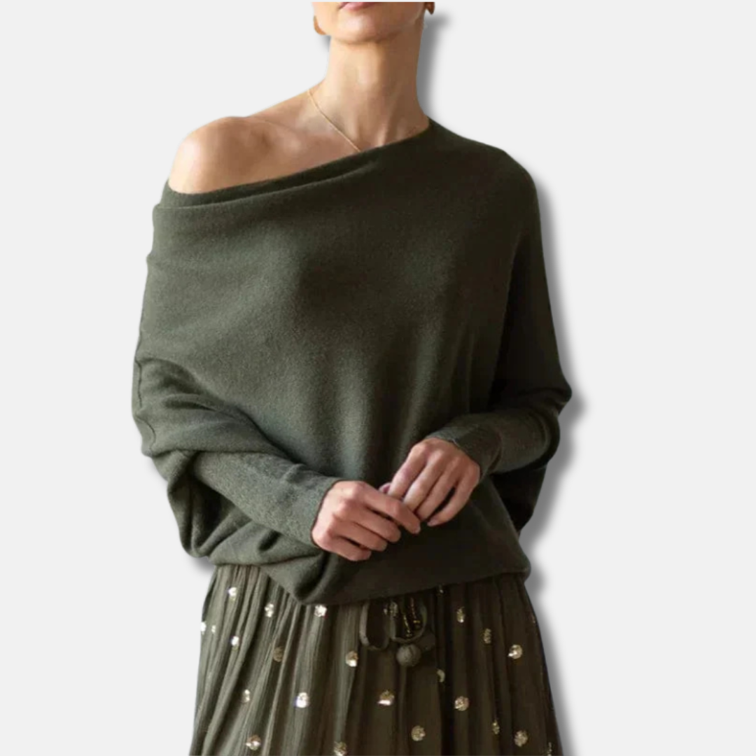 Women's Knitted Top – Oversized Fit – Boat Neck – Ribbed Cuff Long Sleeves