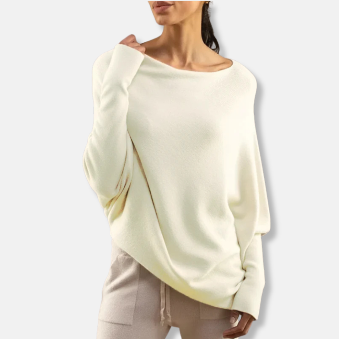 Women's Knitted Top – Oversized Fit – Boat Neck – Ribbed Cuff Long Sleeves