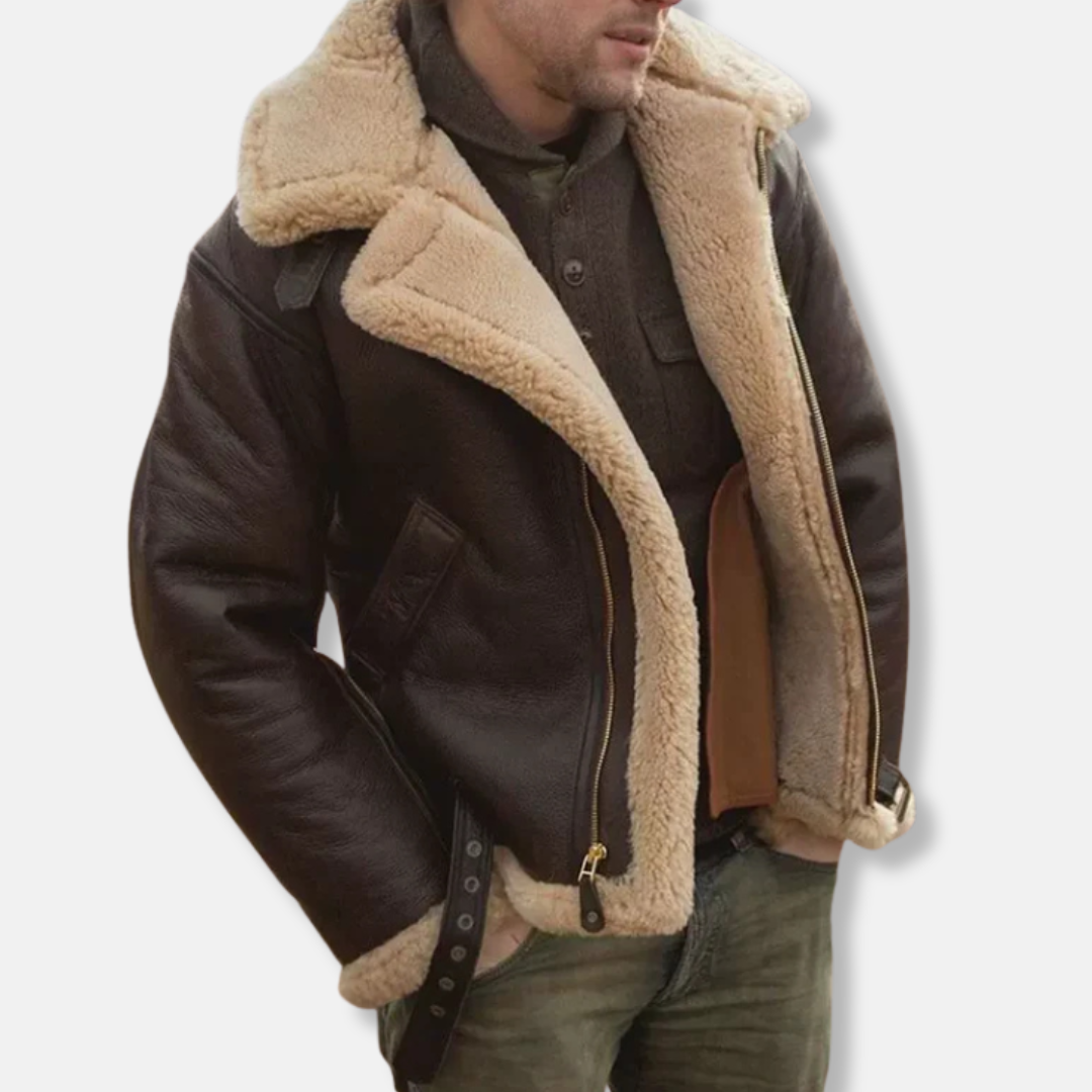 Men's Aviator Jacket – Leather Look – Shearling Collar and Cuffs – Adjustable Buckles – Zip Closure
