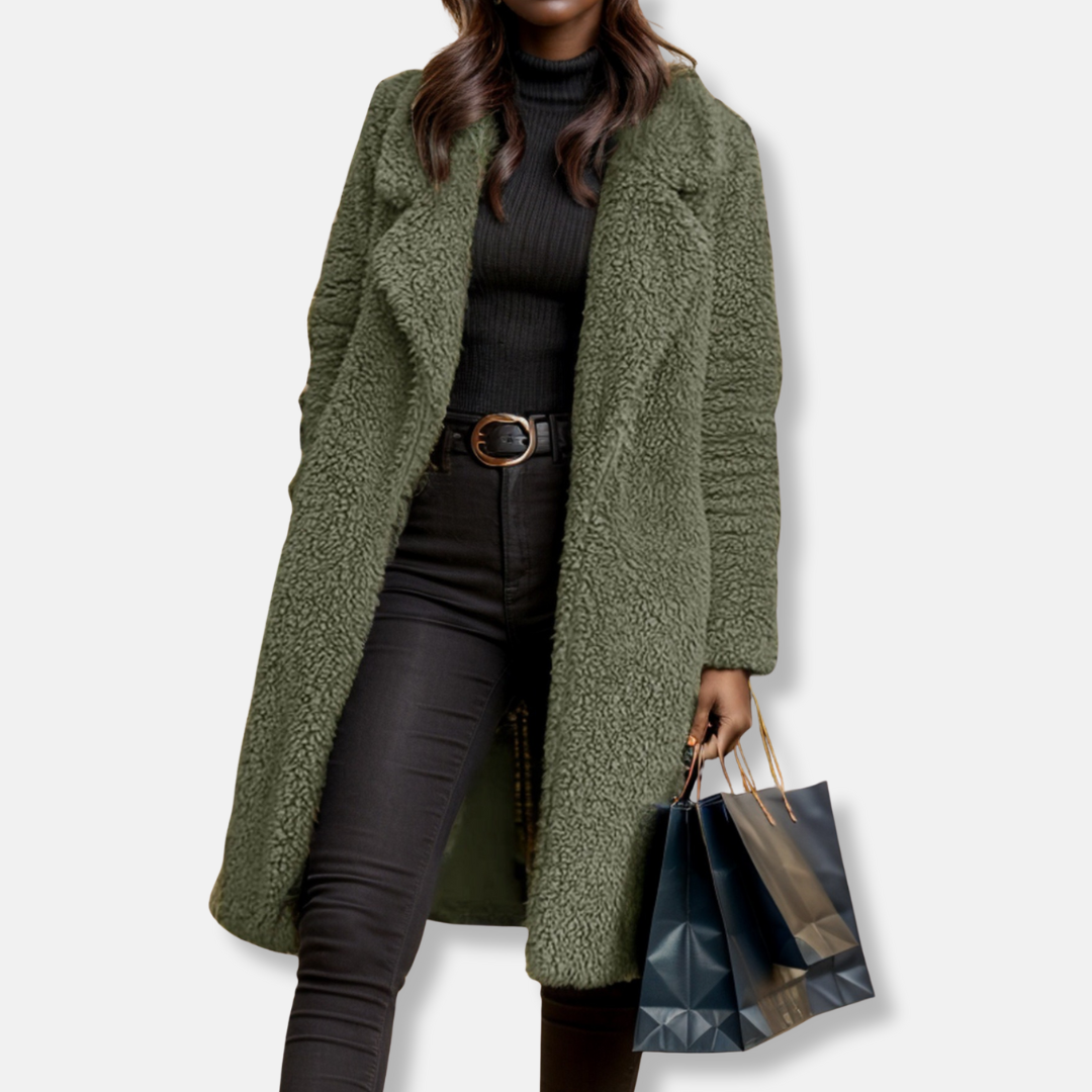 Women's overcoat – Relaxed fit – Soft texture – Open front – Mid length