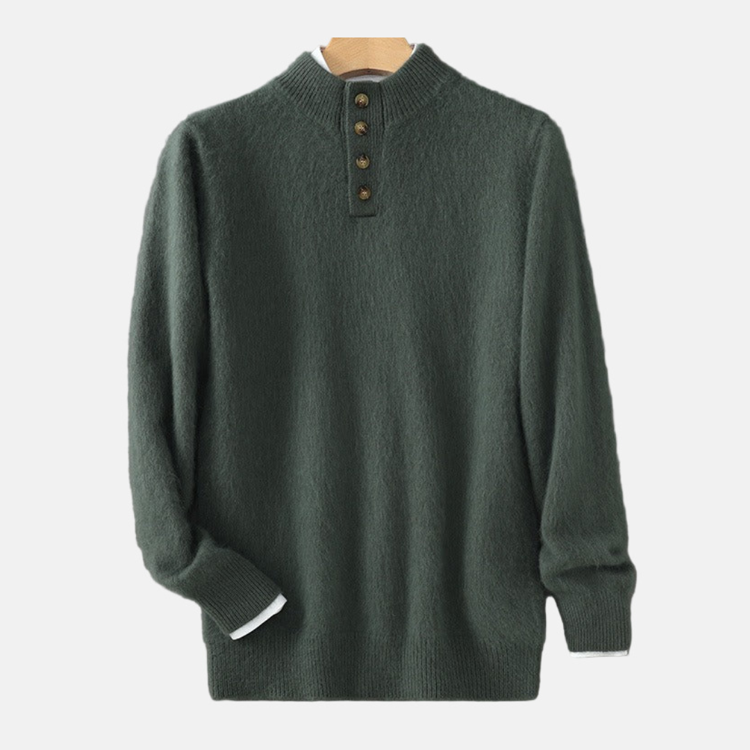 Men's Sweater - Fine Knit - Regular Fit - Stand-up Collar With Buttons