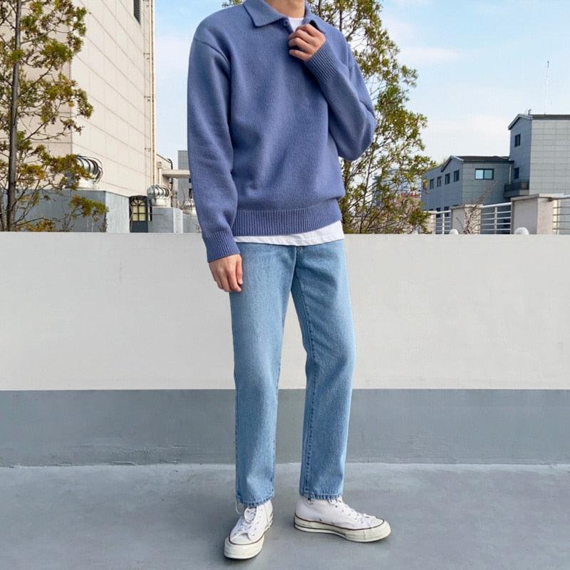 Heren polosweater – Wol – Relaxte pasvorm– Knoopsluiting – Geribde boorden