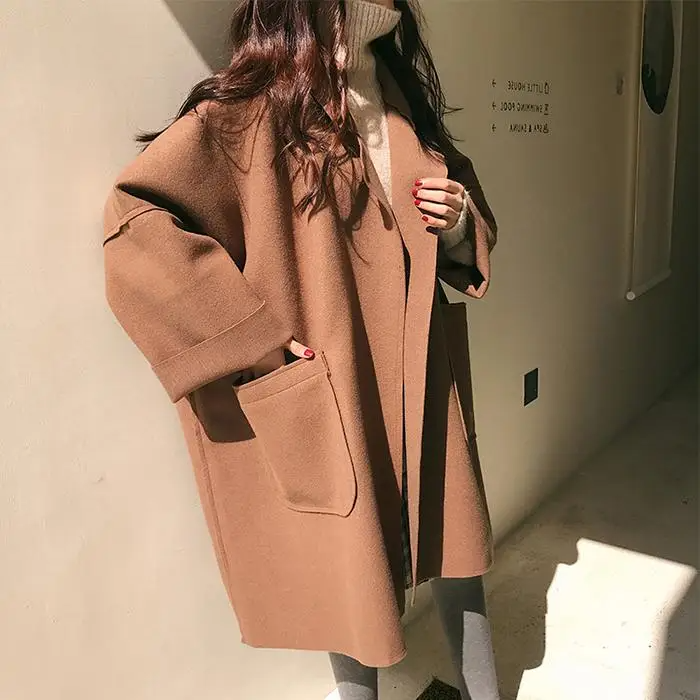 Dames Oversized Jas – Wolmix – Open Voorzijde – Relaxte Pasvorm – Kniehoogte – Zakken