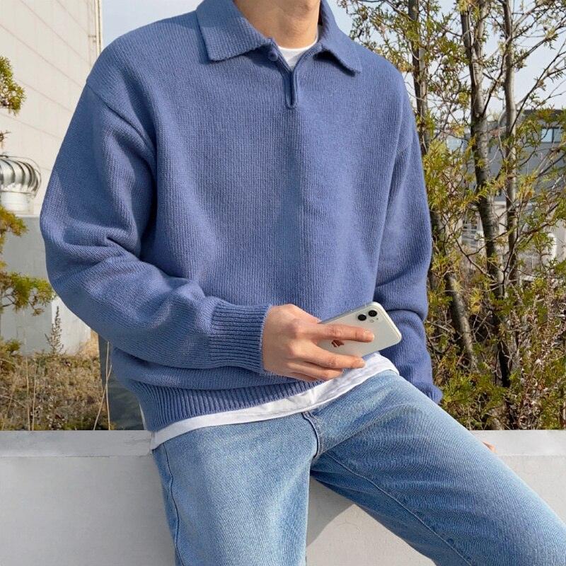Heren polosweater – Wol – Relaxte pasvorm– Knoopsluiting – Geribde boorden