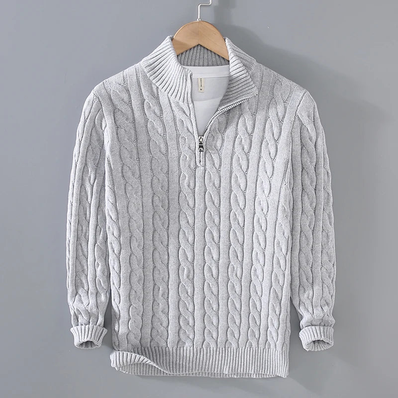 Men's sweater – Normal Fit – Cotton knit – Cable pattern – Collar with zipper