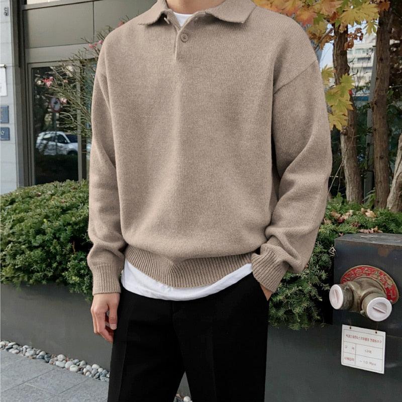 Heren polosweater – Wol – Relaxte pasvorm– Knoopsluiting – Geribde boorden