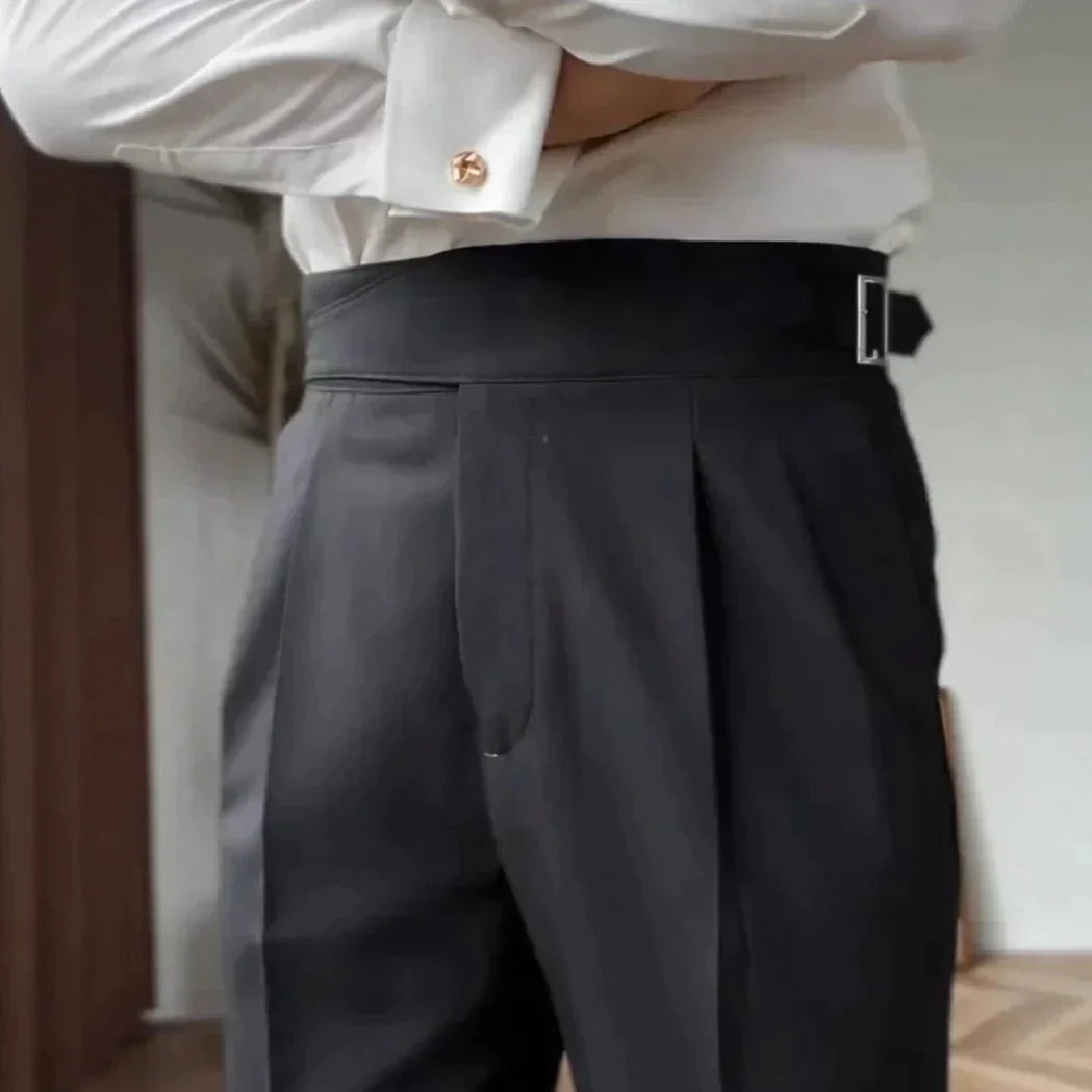 Stijlvolle Heren Tailored Broek – Hoge Taille Plooi, Slim Tapered Pasvorm