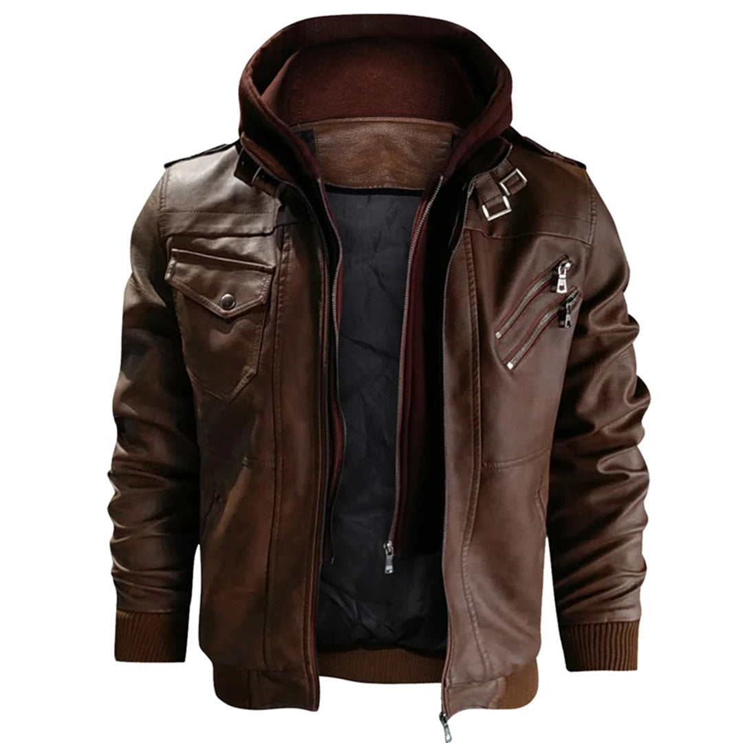 Men's Leather Jacket – Fitted Model – Detachable Hood – Zip Pockets – Epaulettes