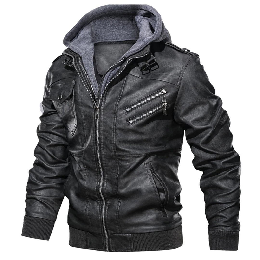 Men's Leather Jacket – Fitted Model – Detachable Hood – Zip Pockets – Epaulettes