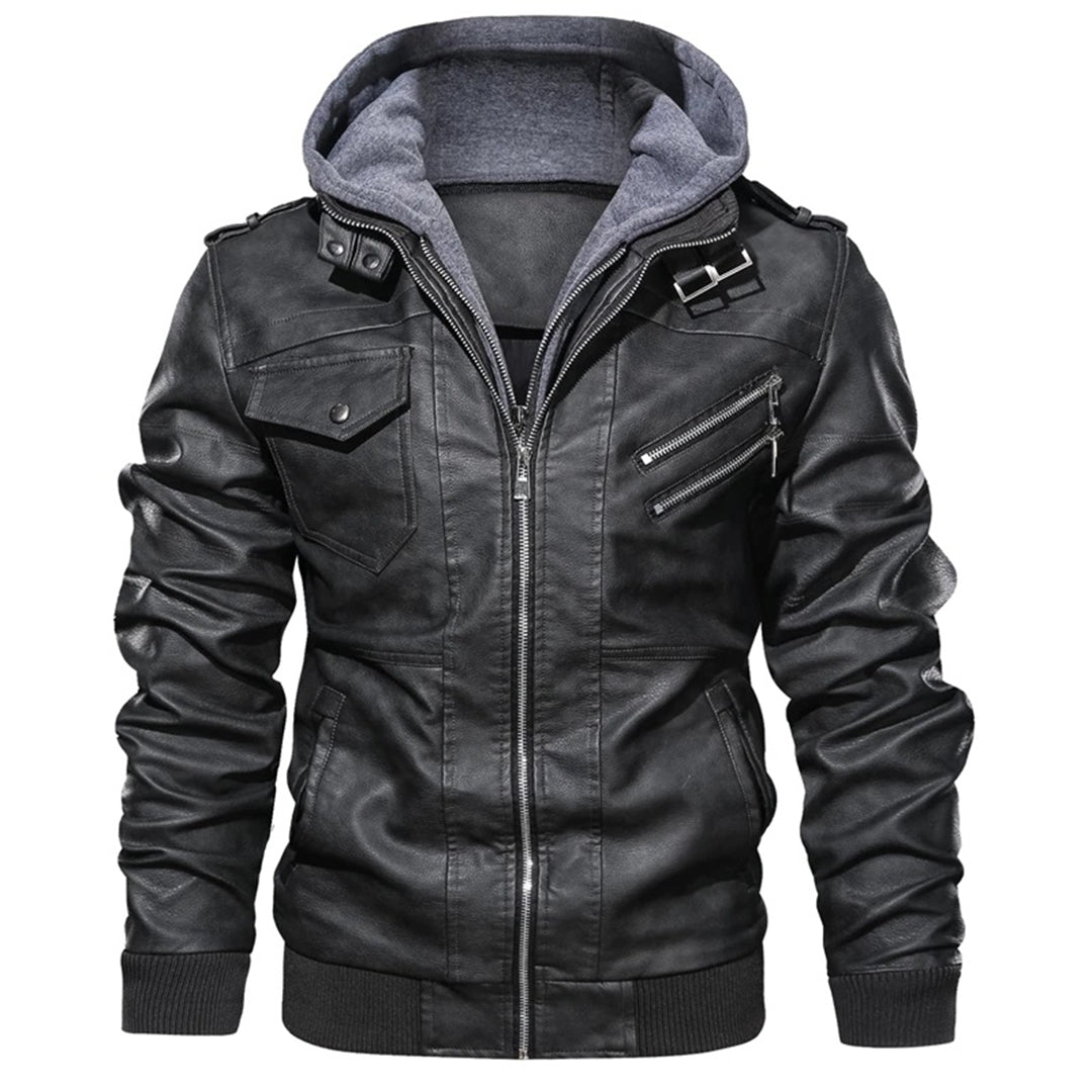 Men's Leather Jacket – Fitted Model – Detachable Hood – Zip Pockets – Epaulettes