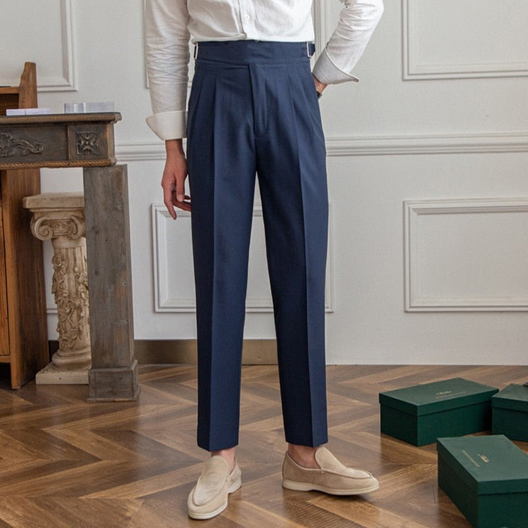 Stijlvolle Heren Tailored Broek – Hoge Taille Plooi, Slim Tapered Pasvorm