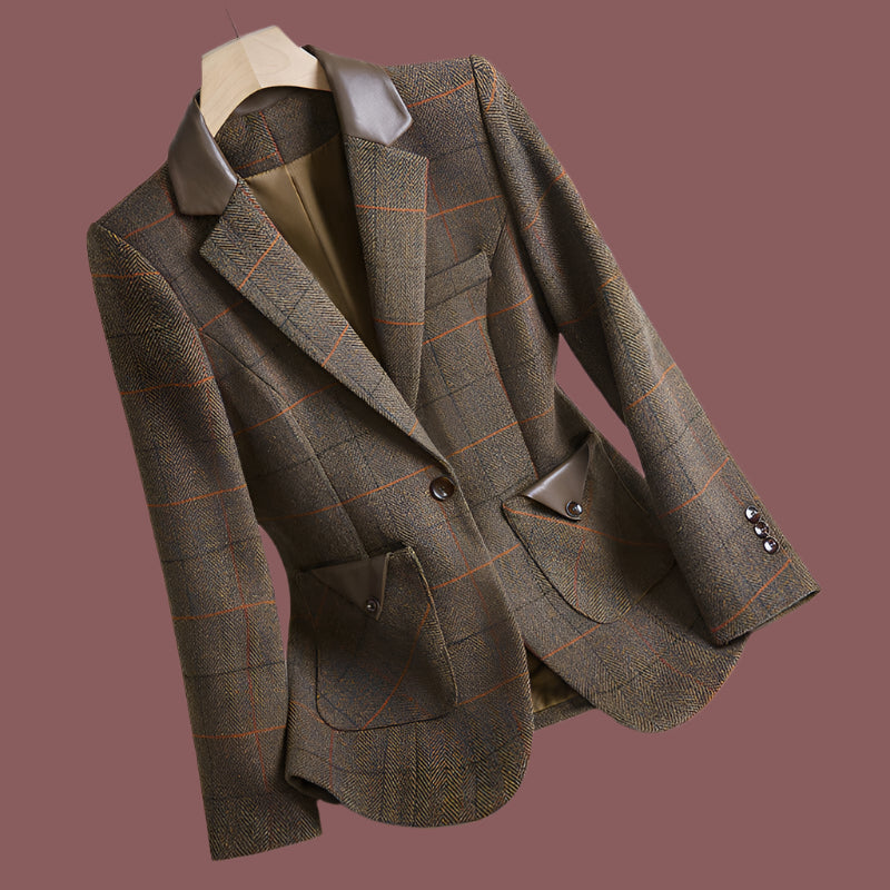 Dames Blazer – Tailored Pasvorm – Wolmix – Ruitpatroon – Enkele Knop – Reverskraag