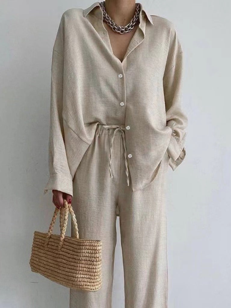 Chique Linnen Blouse en Wijde Pijpen Broek Set