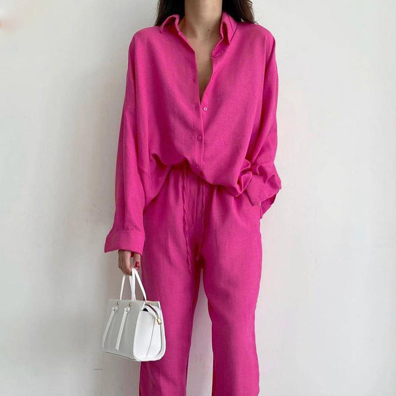 Chique Linnen Blouse en Wijde Pijpen Broek Set