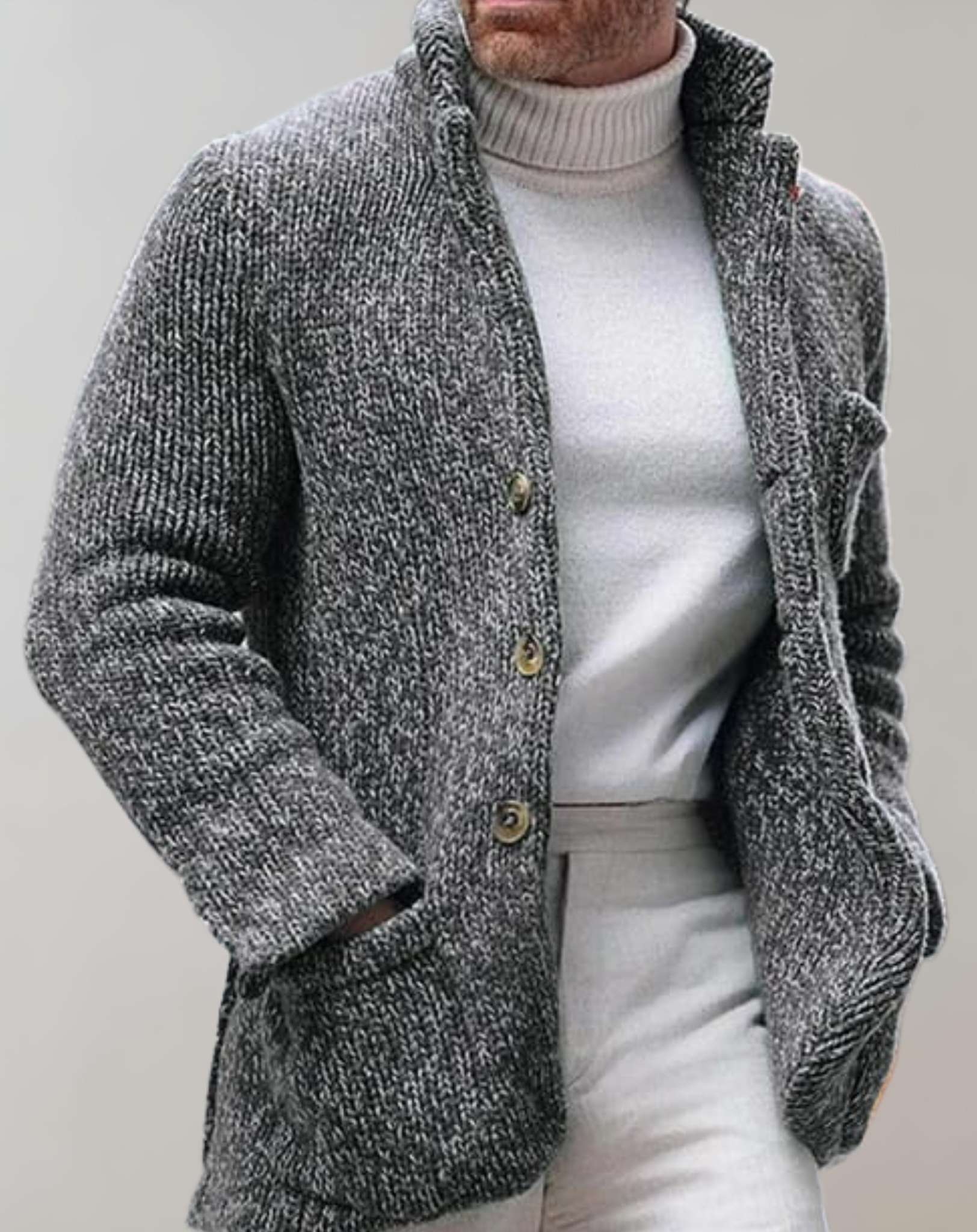 Heren Cardigan – Relaxte Pasvorm – Wol Look – Staande Kraag – Knopen – Patchzakken
