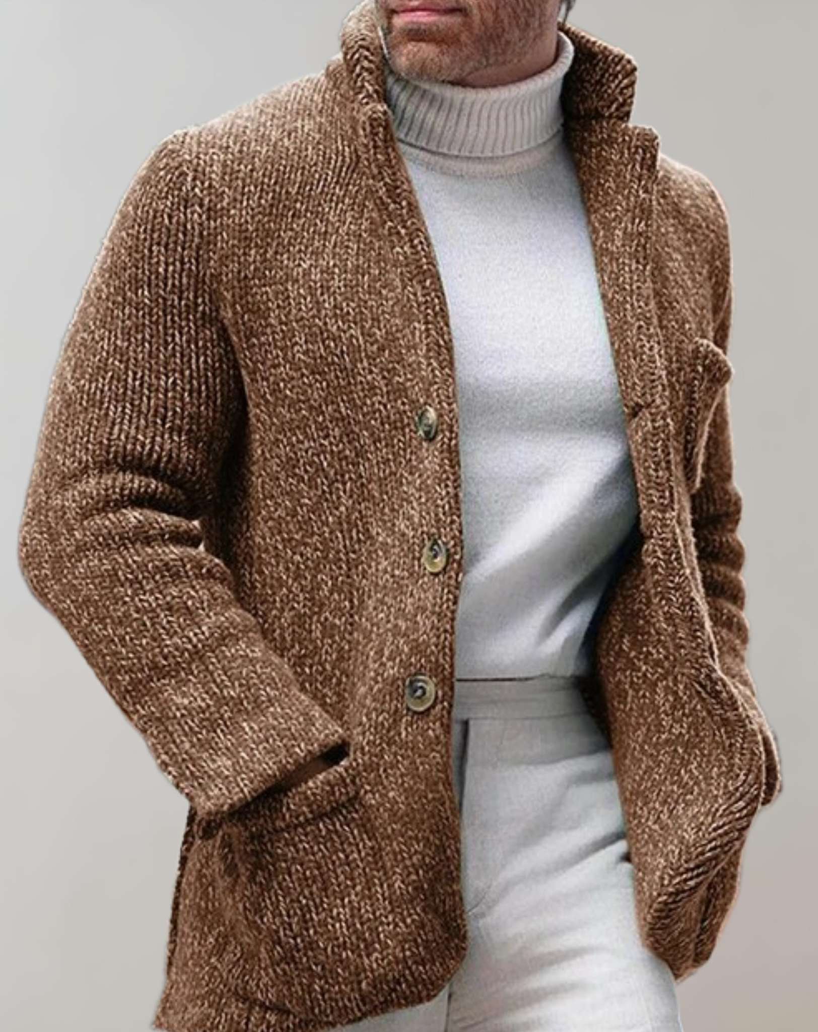 Heren Cardigan – Relaxte Pasvorm – Wol Look – Staande Kraag – Knopen – Patchzakken