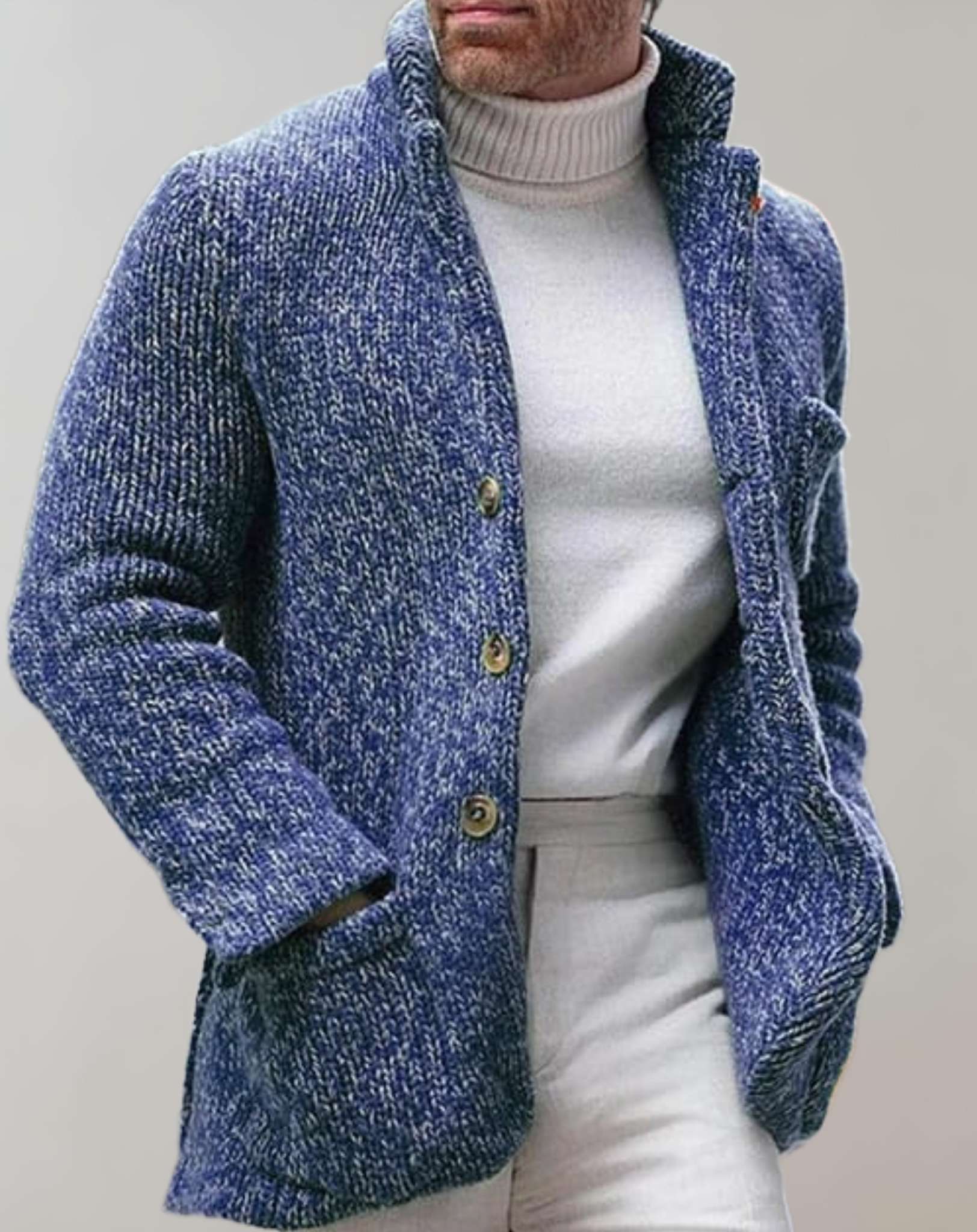Heren Cardigan – Relaxte Pasvorm – Wol Look – Staande Kraag – Knopen – Patchzakken