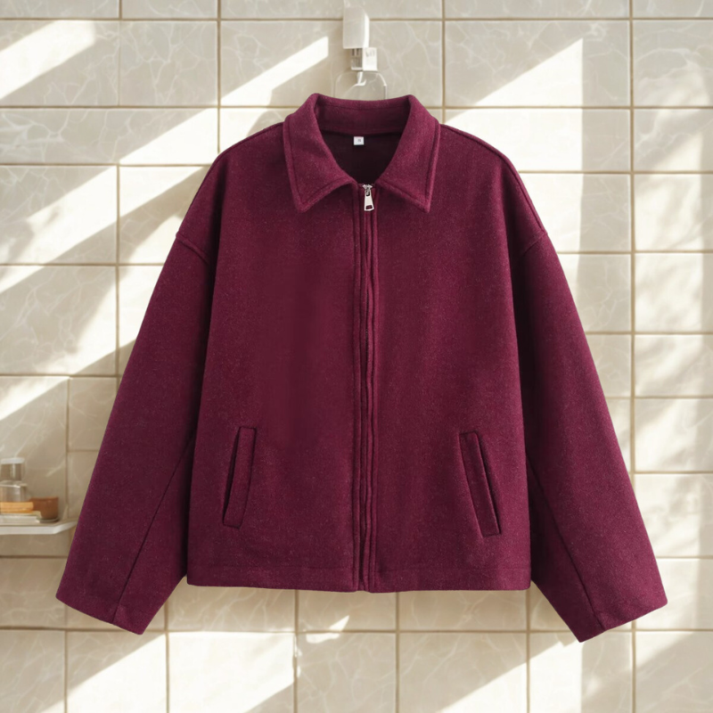 Dames Korte Jas – Wolblend – Boxy Fit – Puntkraag – Ritsluiting Vooraan