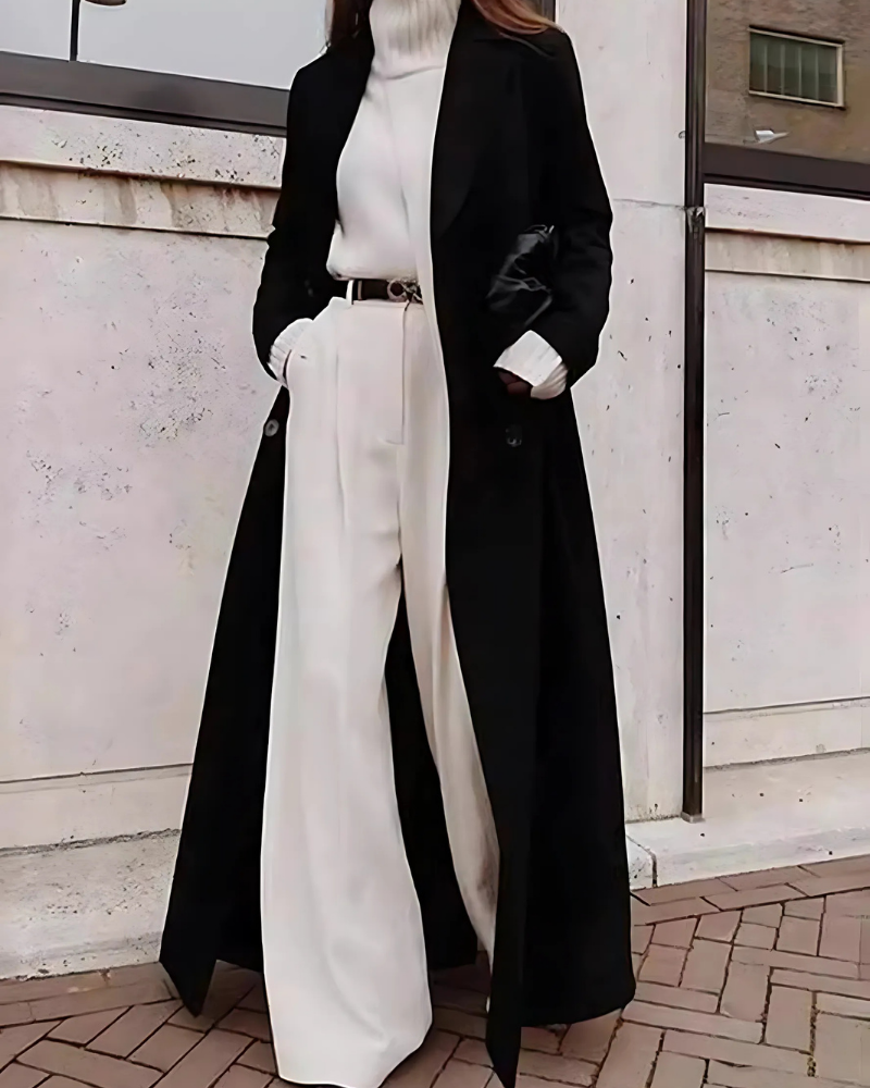 Women's Long Coat – Oversized Fit – Wool Mix – Double-Breasted Closure – Notched Collar