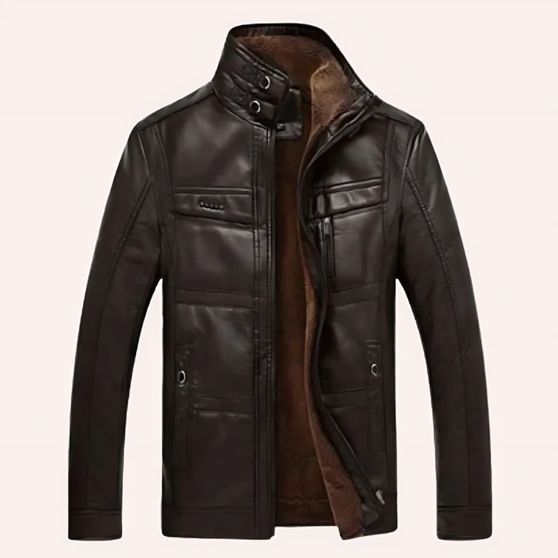 Men's leather jacket – Slim fit – Lined interior – High collar – Multiple pockets