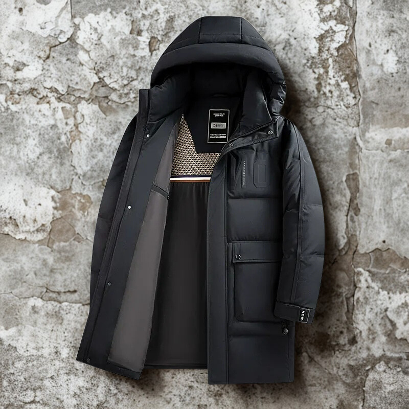 Men's Down Jacket – Mid-Length Model – Windproof and Insulating – Hood and Pockets