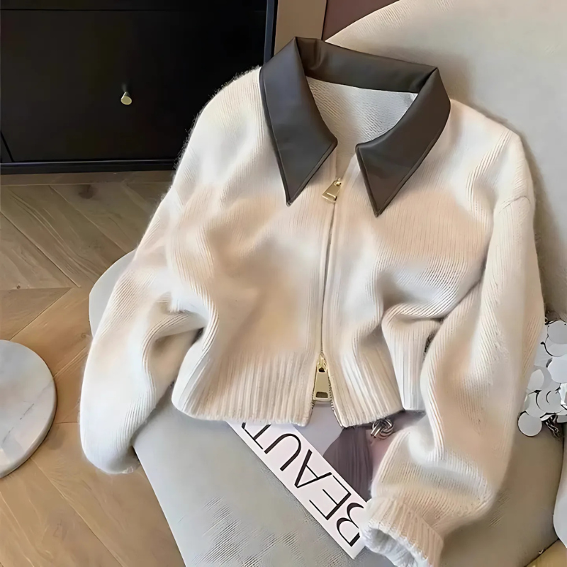 Dames Gebreid Vestjasje – Relaxed Fit – Wolmix – Leren Kraag – Cropped Model