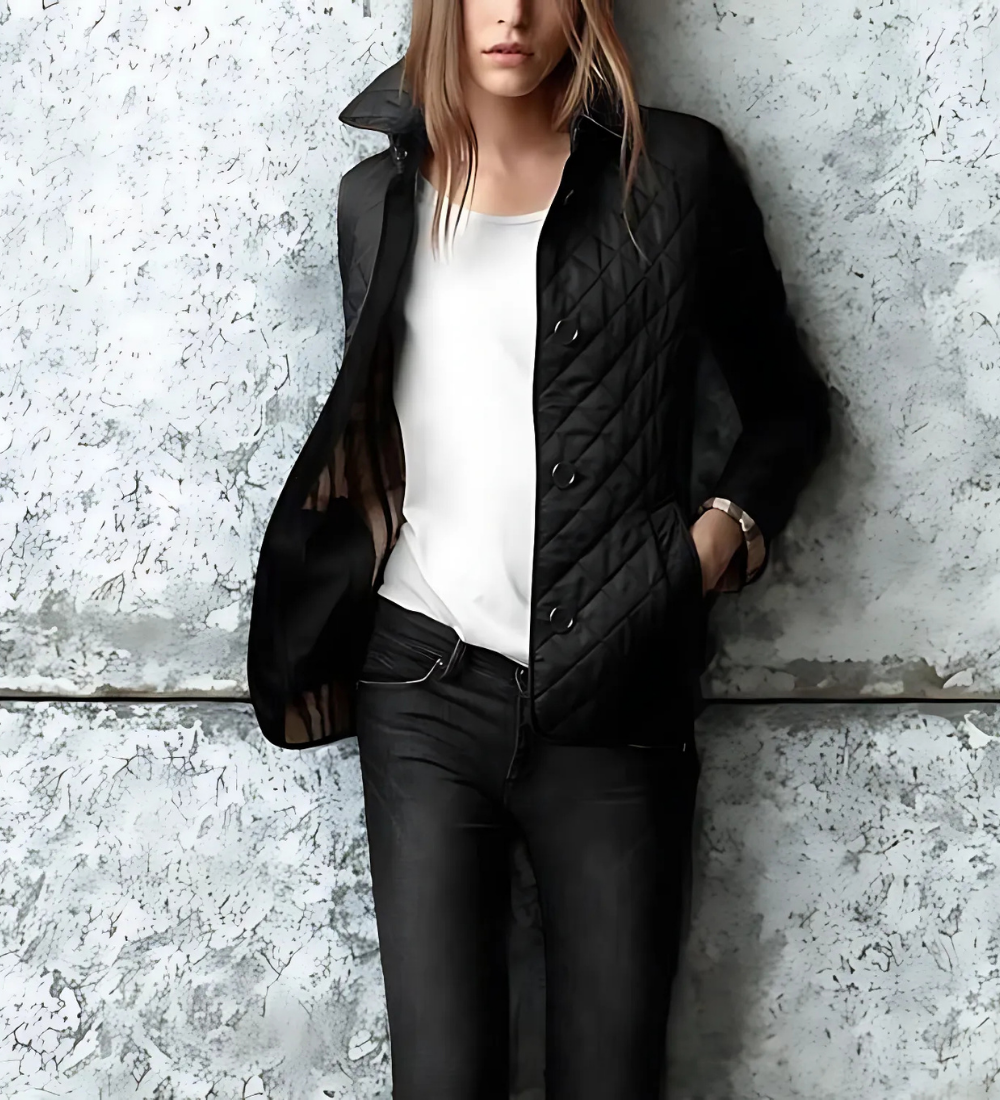 Dames Gewatteerde Jas – Slim Fit – Diamantstructuur – Enkelrij – Klassieke Revers