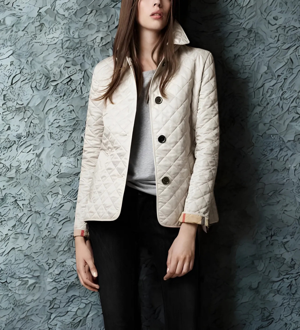 Dames Gewatteerde Jas – Slim Fit – Diamantstructuur – Enkelrij – Klassieke Revers