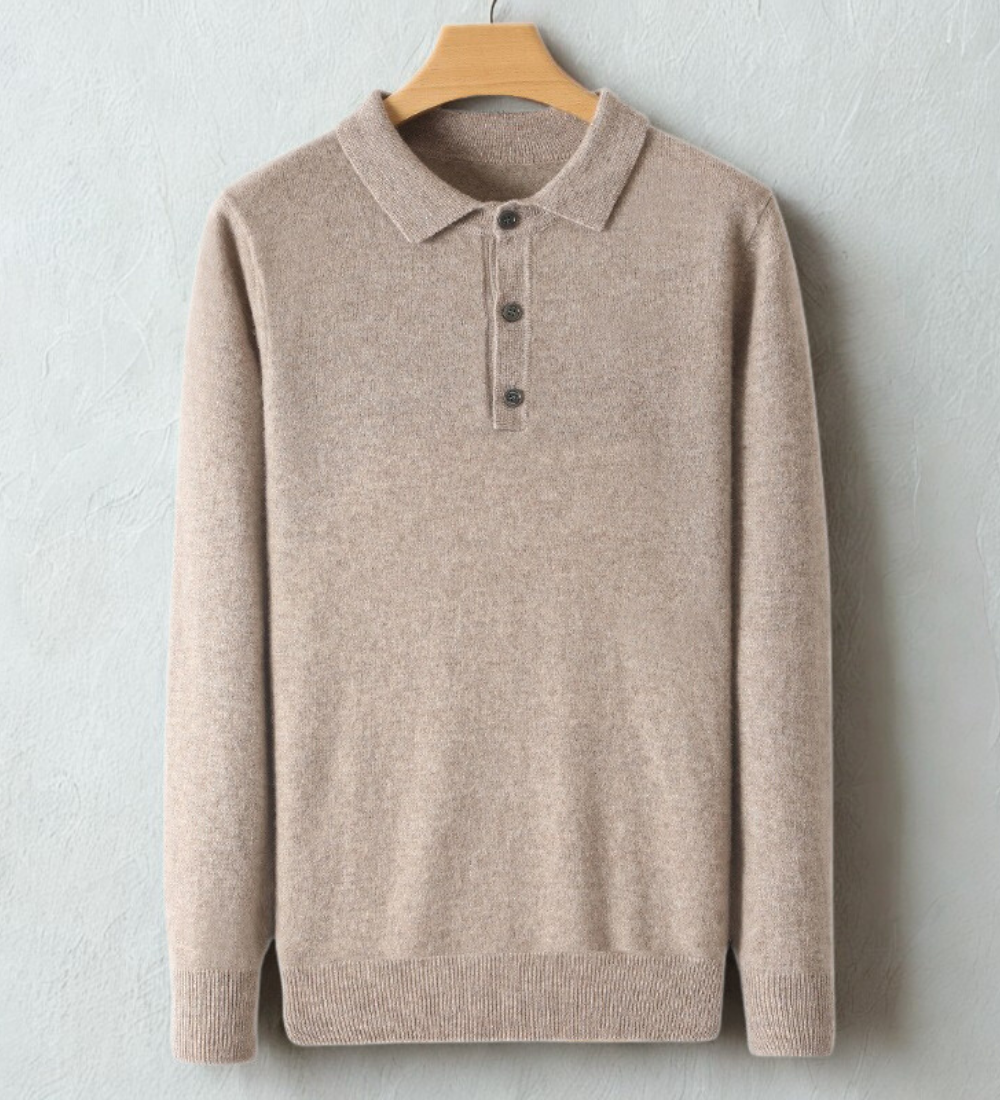 Heren polo sweatshirt – Regular fit – Fijngebreid – Ribboorden – Knoopsluiting