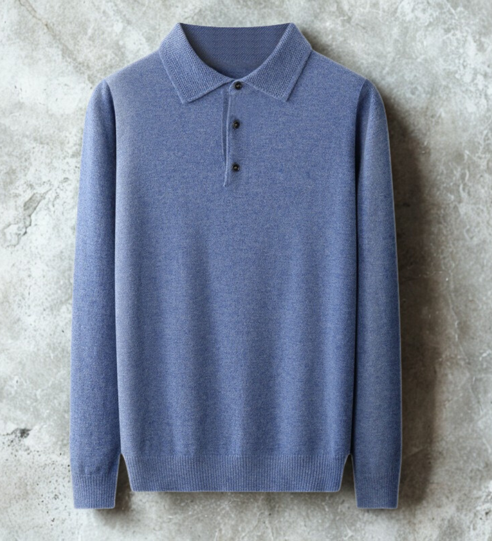 Heren polo sweatshirt – Regular fit – Fijngebreid – Ribboorden – Knoopsluiting