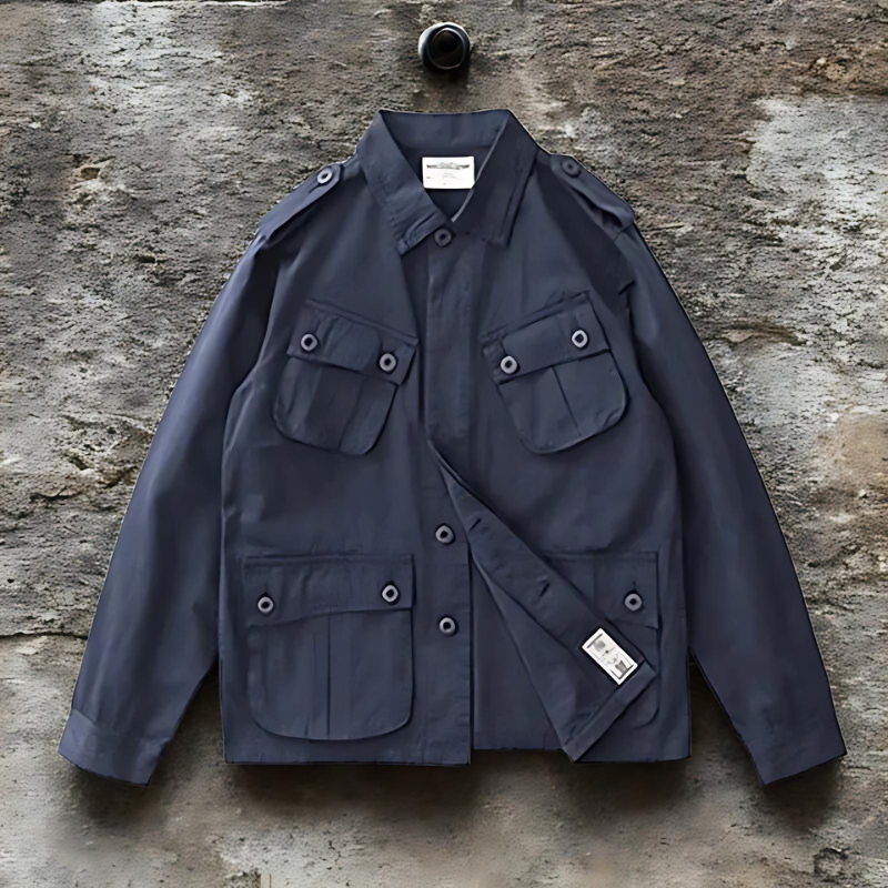 Heren Jack – Relaxed Fit – Katoenmix – Structuur – Knopen – Klepzakken – Epauletten