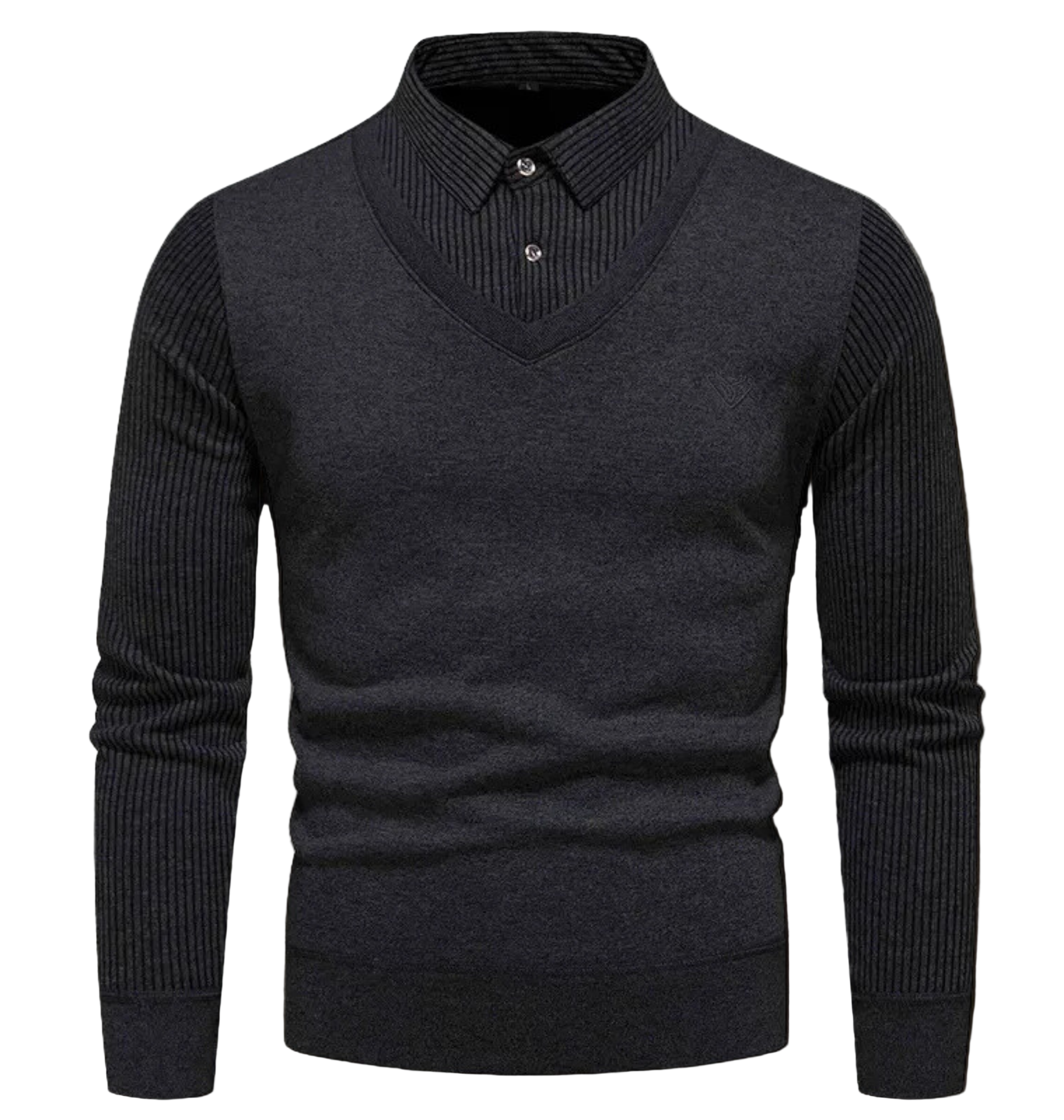Men's Sweatshirt – Slim Fit – V-Neck – Imitation Layers – Ribbed Sleeves