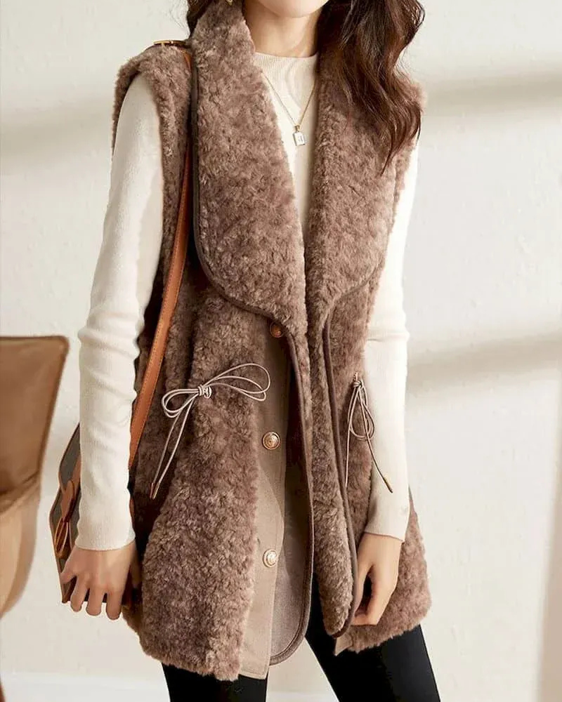 Dames Gilet – Wol Look – Relaxte Pasvorm – Shawlkraag – Heuplengte – Trekkoord Detail