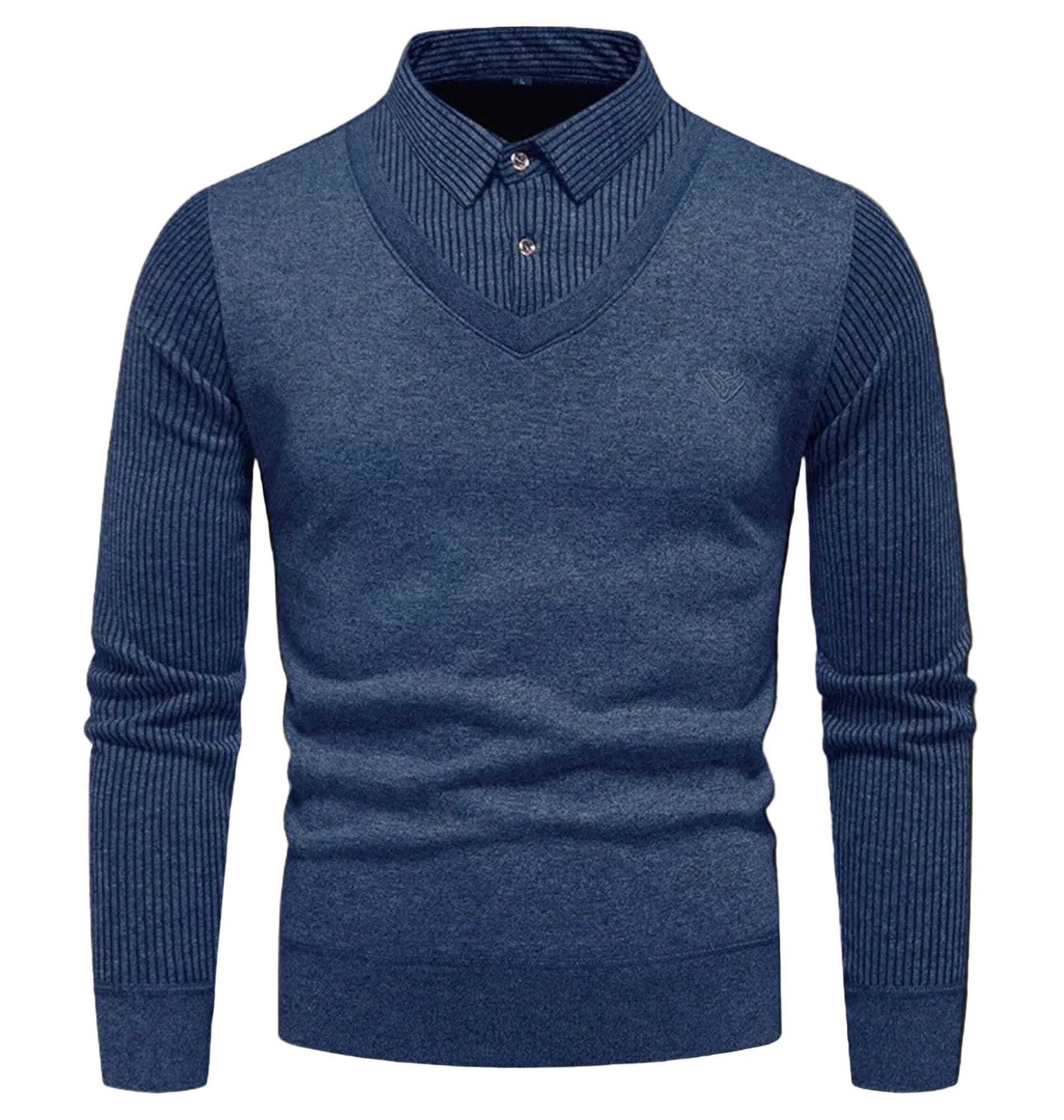 Men's Sweatshirt – Slim Fit – V-Neck – Imitation Layers – Ribbed Sleeves