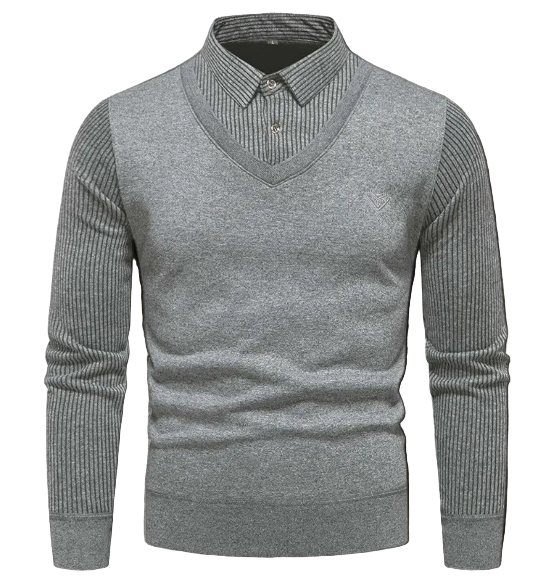Men's Sweatshirt – Slim Fit – V-Neck – Imitation Layers – Ribbed Sleeves