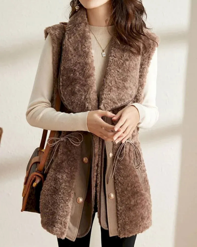Dames Gilet – Wol Look – Relaxte Pasvorm – Shawlkraag – Heuplengte – Trekkoord Detail
