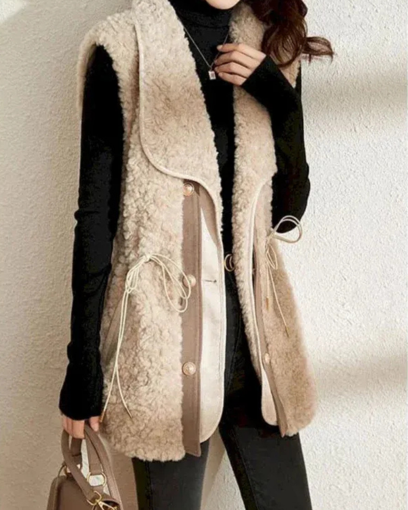 Dames Gilet – Wol Look – Relaxte Pasvorm – Shawlkraag – Heuplengte – Trekkoord Detail