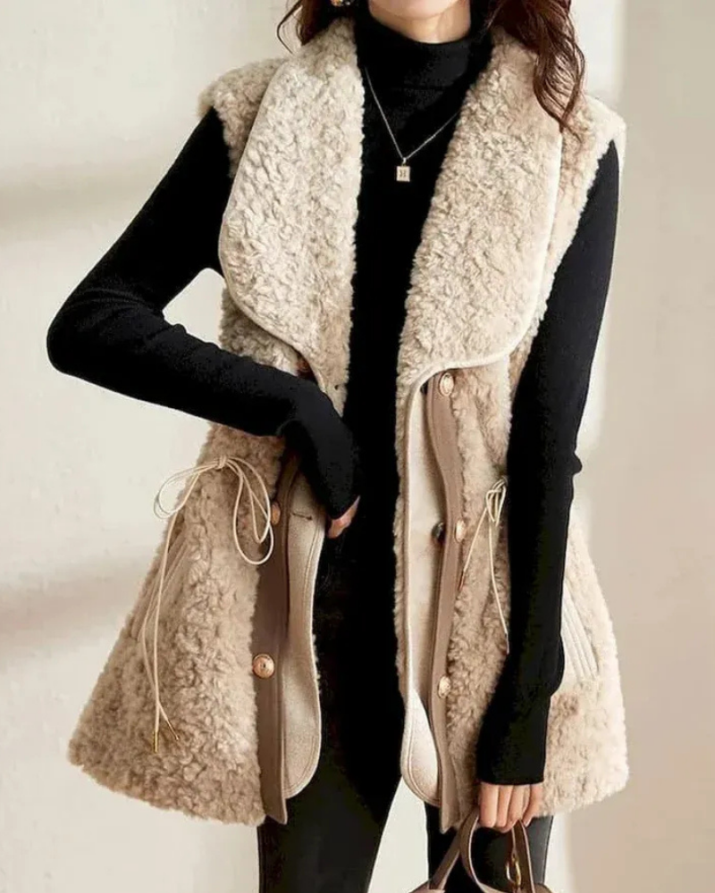 Dames Gilet – Wol Look – Relaxte Pasvorm – Shawlkraag – Heuplengte – Trekkoord Detail
