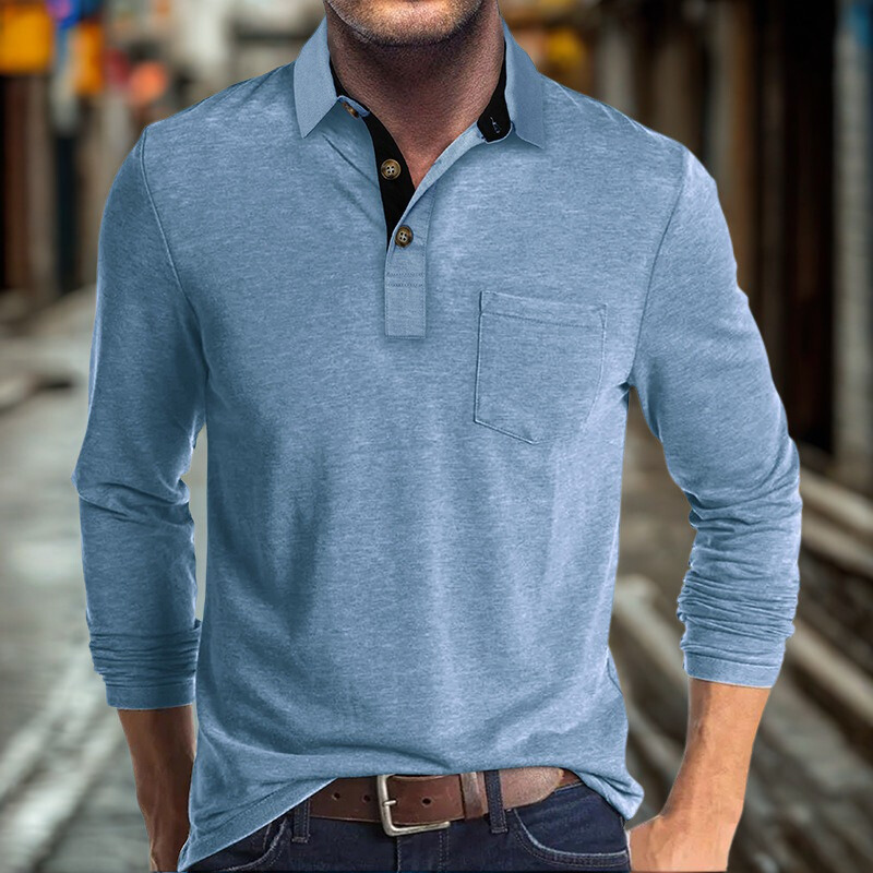 Heren polo met lange mouwen – Regular Fit – Katoen – Contrasterende kraag – Borstzak
