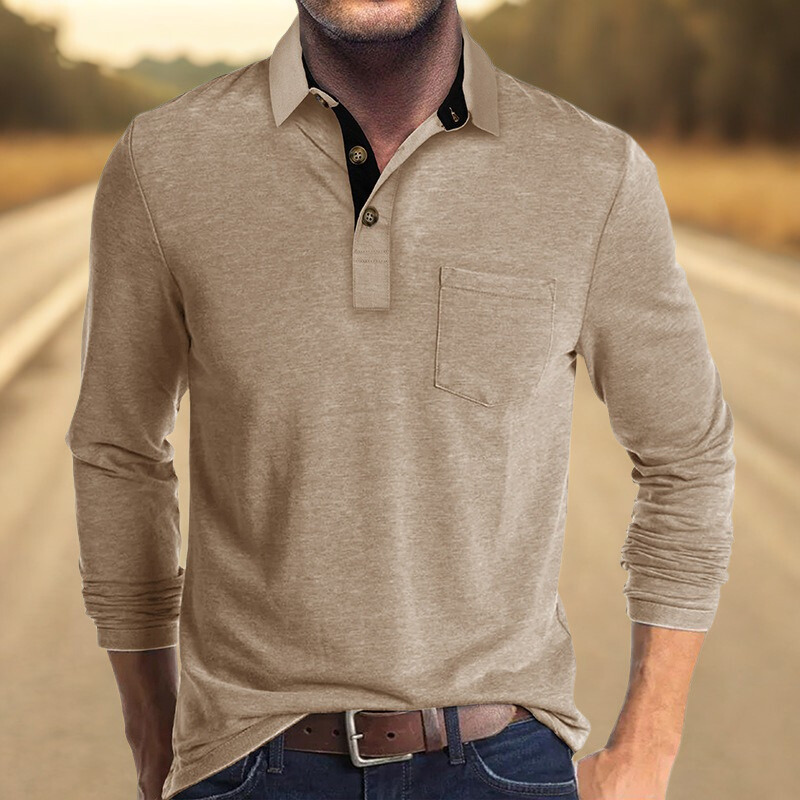 Heren polo met lange mouwen – Regular Fit – Katoen – Contrasterende kraag – Borstzak