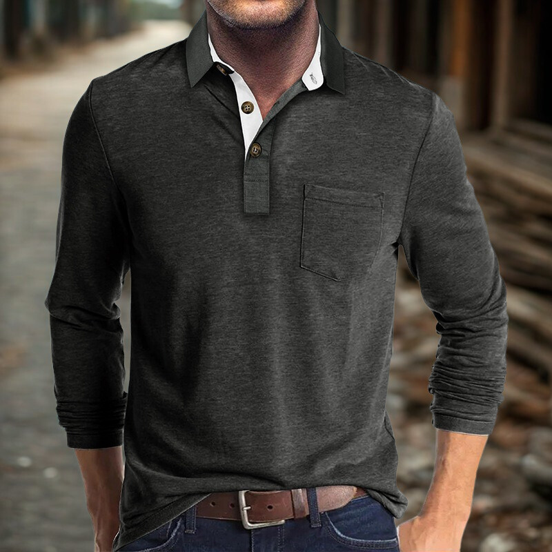 Heren polo met lange mouwen – Regular Fit – Katoen – Contrasterende kraag – Borstzak