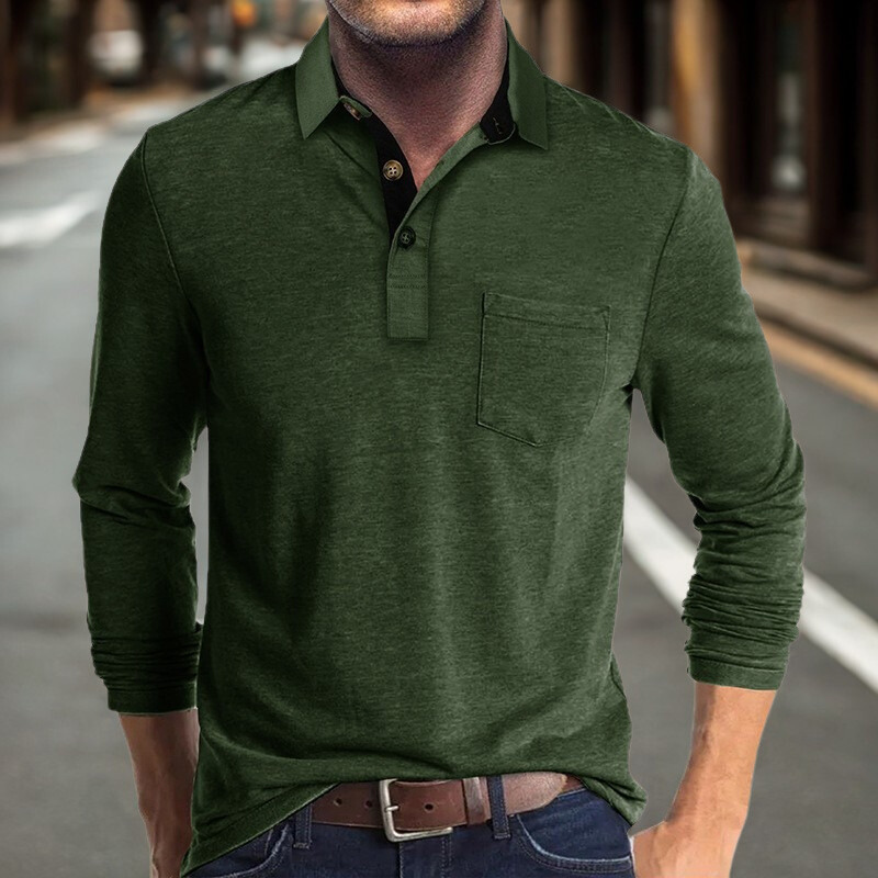 Heren polo met lange mouwen – Regular Fit – Katoen – Contrasterende kraag – Borstzak