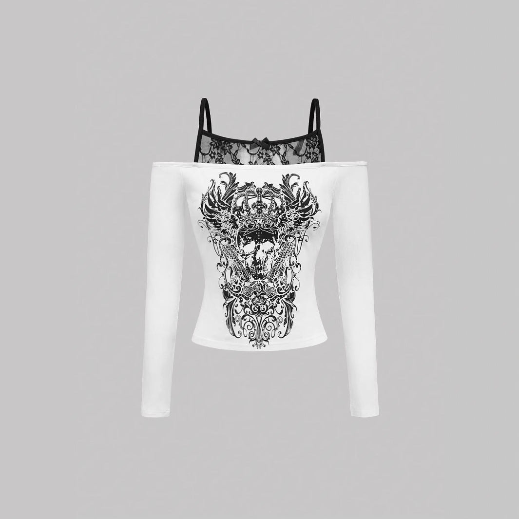 Dames Off-Shoulder Top met Kantlaag en Grafische Print