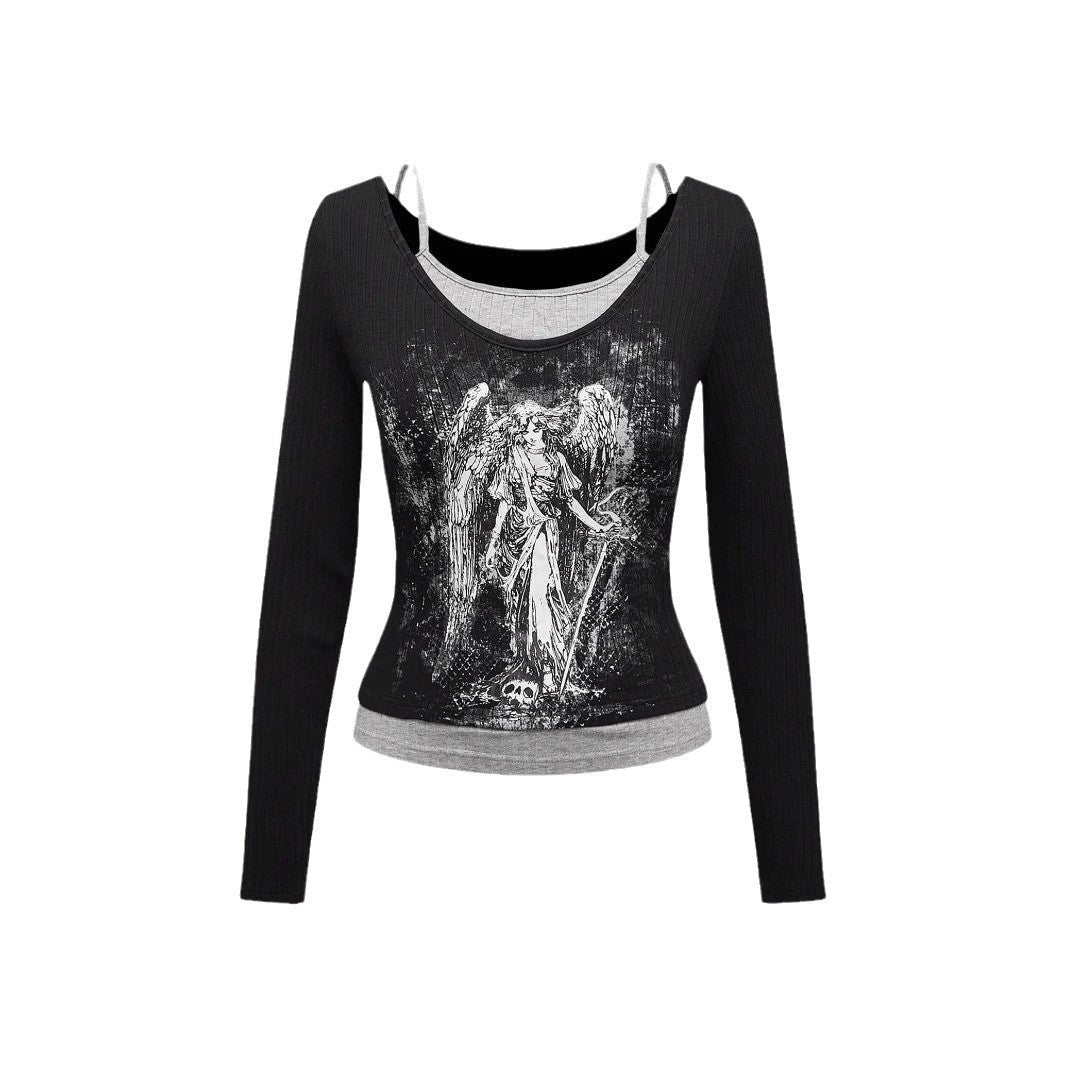 Dames Off-Shoulder Top met Kantlaag en Grafische Print