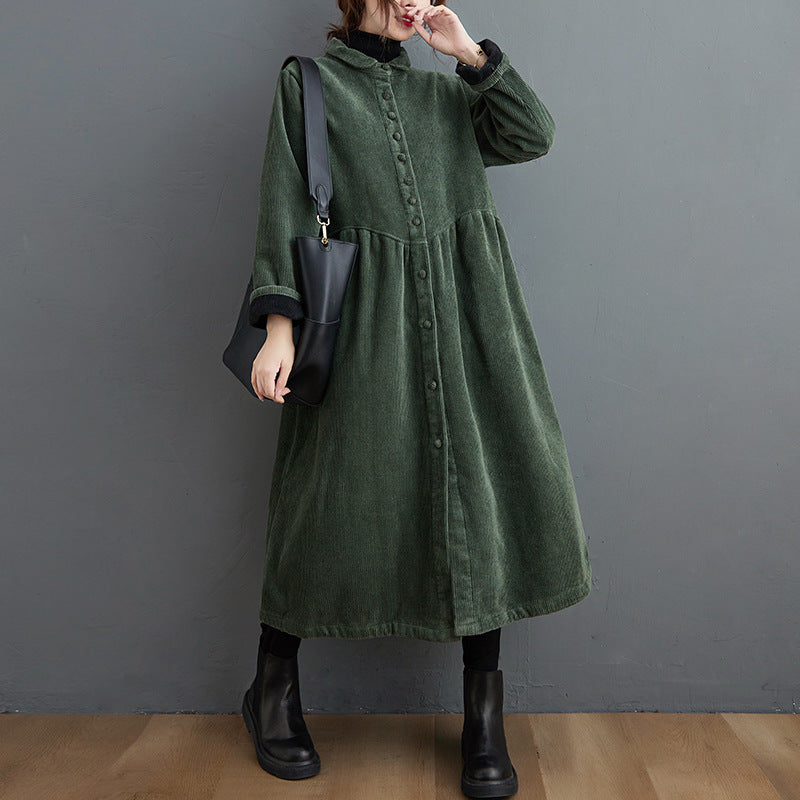 Dames Lange Jas – Corduroy – A-lijn Los Model – Hoge Kraag – Knoopsluiting – Midi